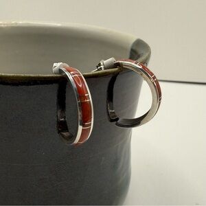 Sterling Silver Coral Inlay Earrings Hoop Red Stone Elegant Luxury